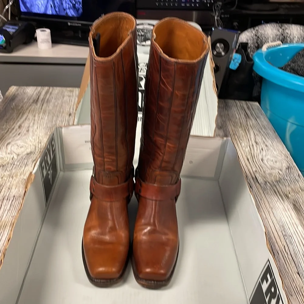 Frye Brown Leather Harness Knee-High Heeled Boots - Picture 3 of 10